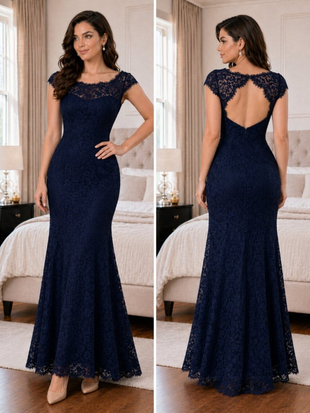 Monique Lhuillier Navy Lace Open Back Gown $798